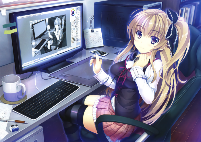 Anime girl working on a computer
