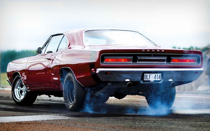 Red 1968 Dodge Charger Burnout