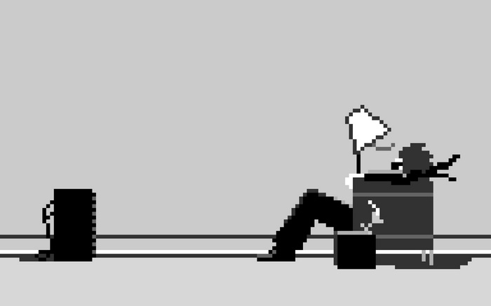 Pixel art of a person sitting in a barrel with a flag