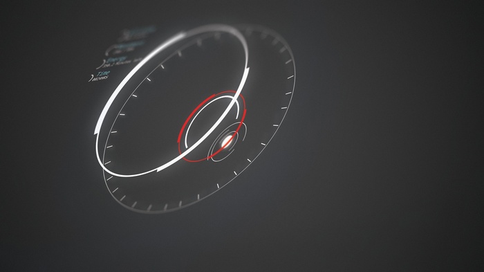 Minimalist futuristic clock interface with red and white accents
