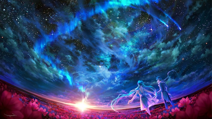 Couple in flower field under aurora sky