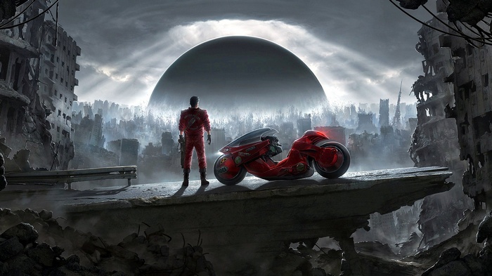Kaneda and his motorcycle in a ruined city
