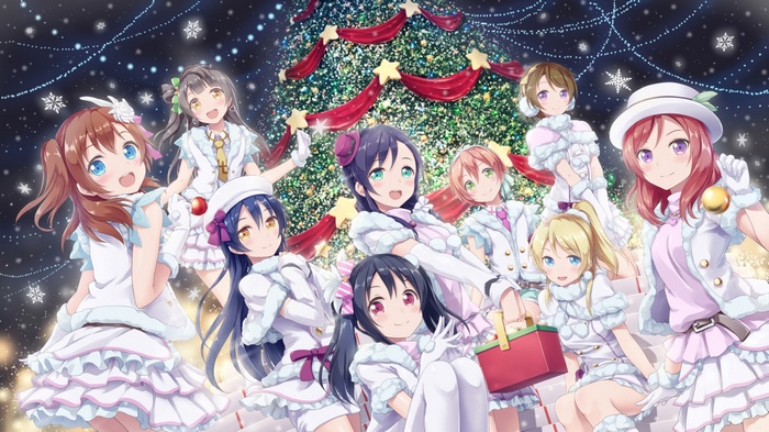 Love Live! girls in Christmas outfits with a tree
