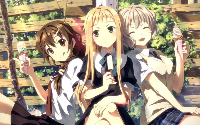 Three anime girls eating ice cream