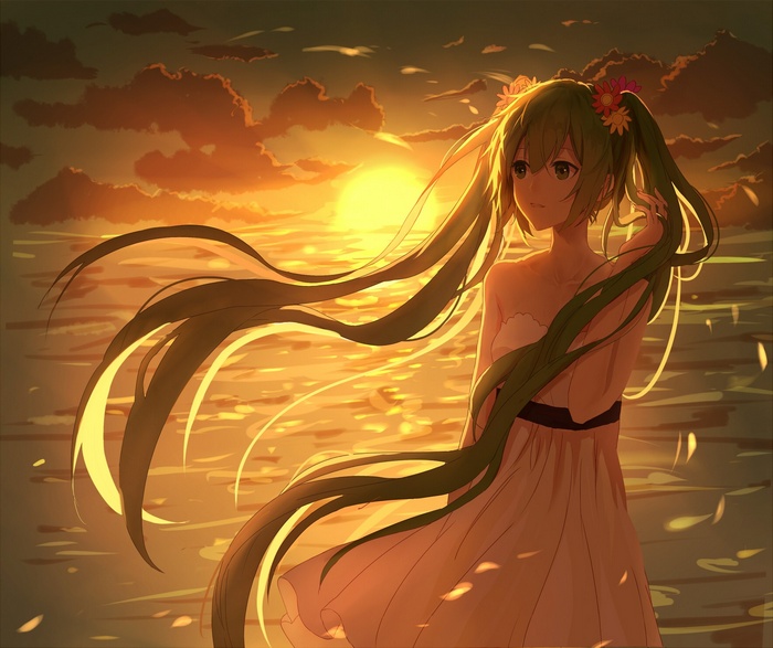 Hatsune Miku standing by the ocean at sunset