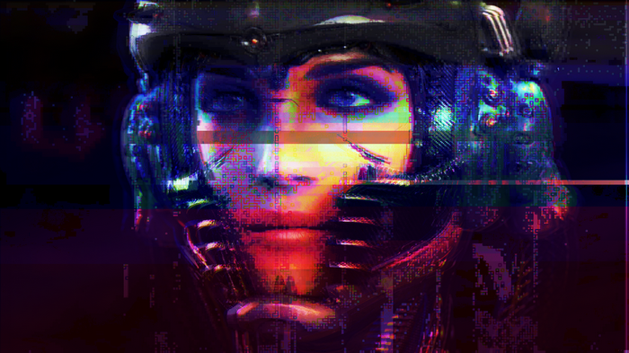 Glitch art portrait of a cyborg woman
