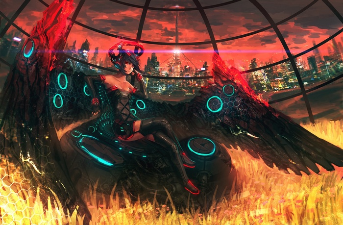 Anime girl with mechanical wings in a futuristic city
