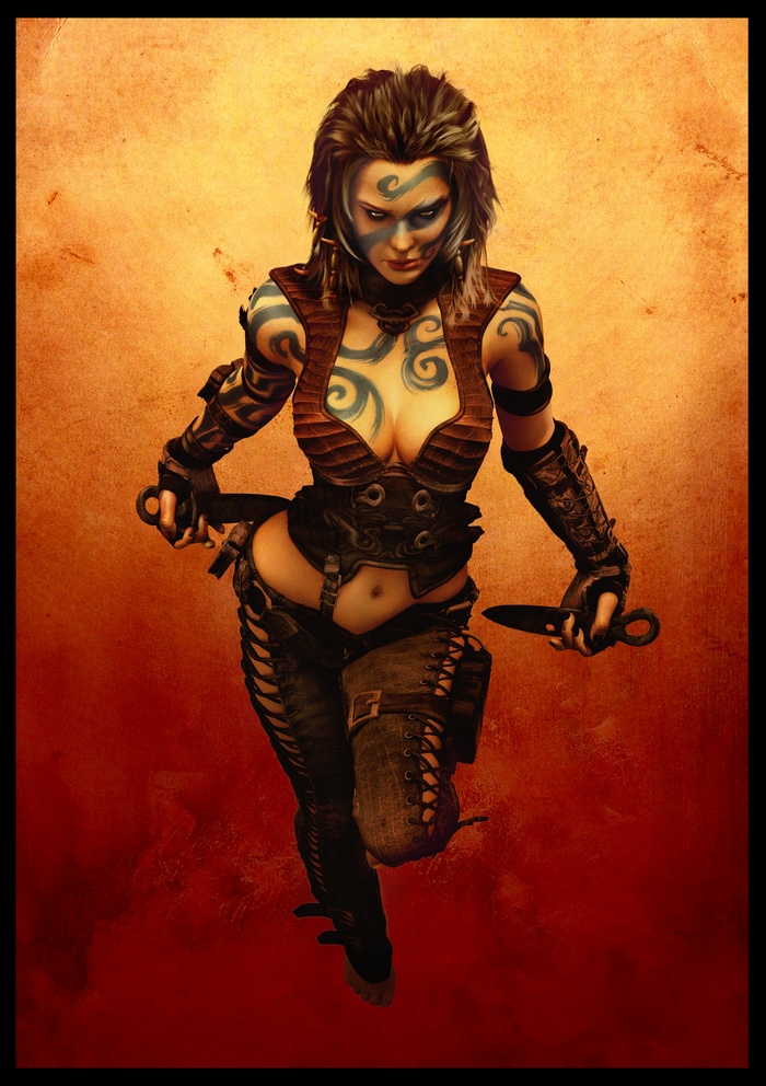 Warrior woman with tattoos and knives