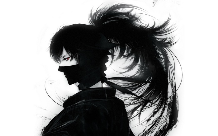 Anime character with black hair and red eyes