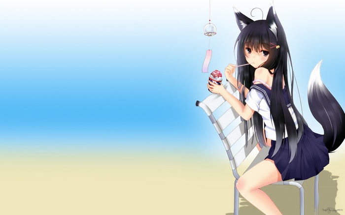 Anime fox girl eating ice cream on a chair