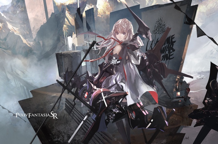 Pixiv Fantasia SR: A girl with a weapon in a ruined landscape