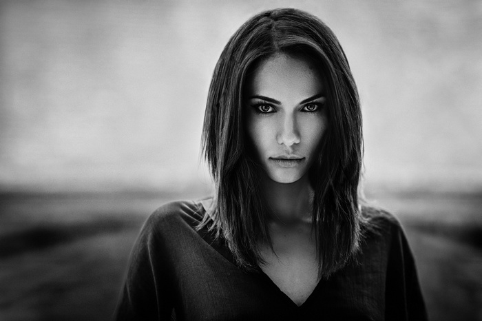 Monochrome portrait of a woman with long hair