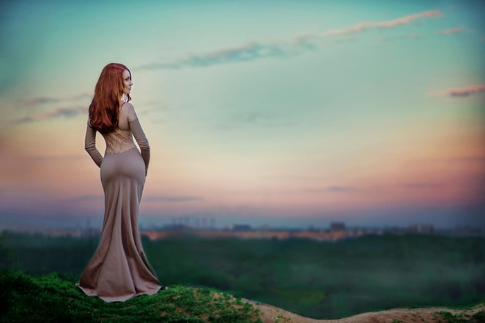 looking away, dress, curvy, model, women, ass, women outdoors, nature, redhead, long hair