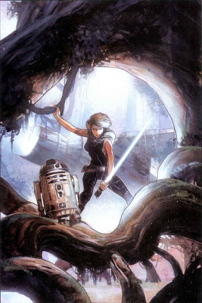 Mara Jade and R2-D2 in a forest