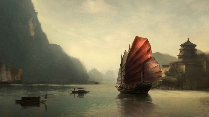 Fantasy art of a junk boat and temple by a bay