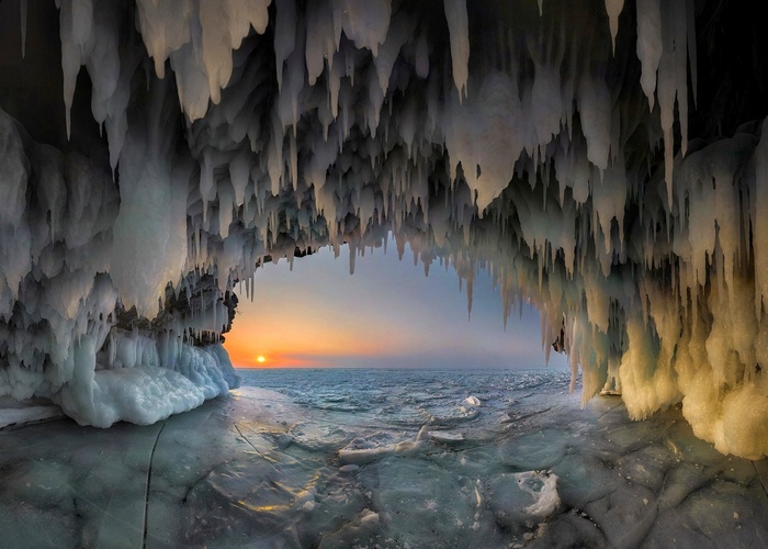 cold, frost, winter, cave, nature, ice, landscape, lake, stalactites, sunset