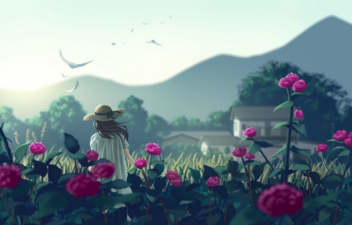 Anime girl in a straw hat in a field of flowers