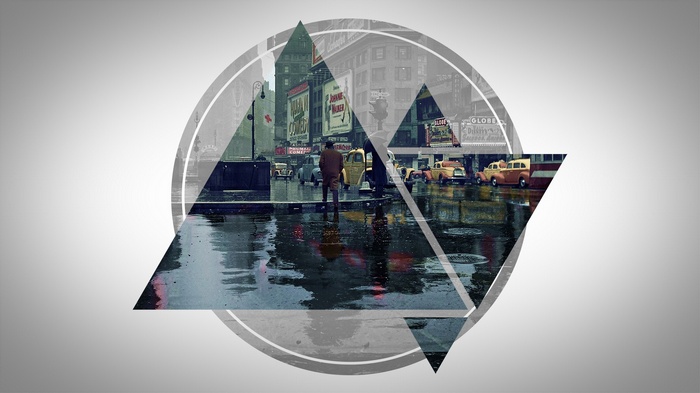 Vintage rainy street with abstract geometric shapes