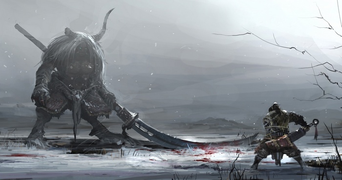 Fantasy warrior fighting a large monster with a sword