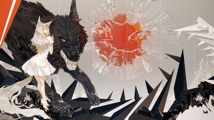 Girl with wolf and abstract planet