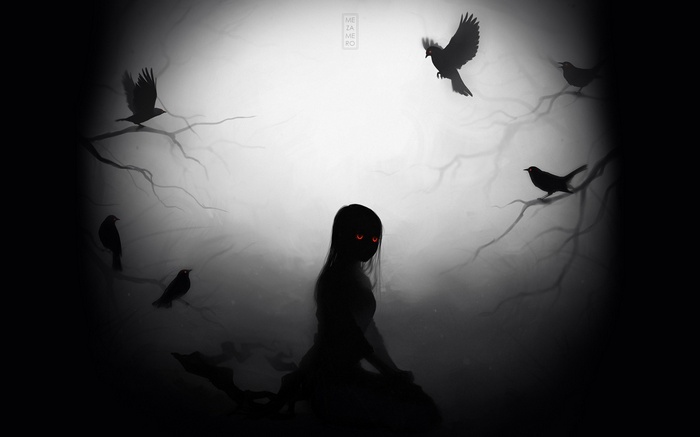 Dark girl with red eyes surrounded by crows