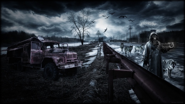Apocalyptic scene with a person in a gas mask and wolves