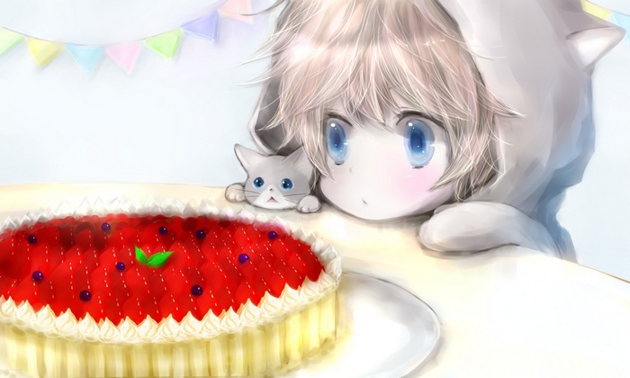 Anime girl and kitten look at a strawberry pie