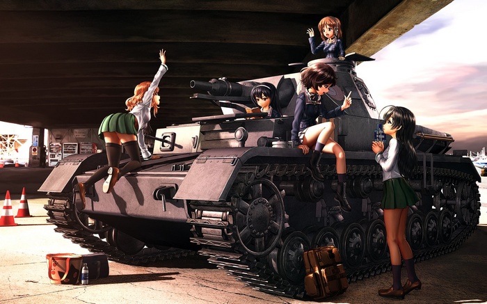Girls und Panzer characters on a tank