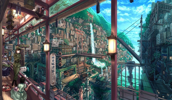 Anime city with waterfalls and torii gates
