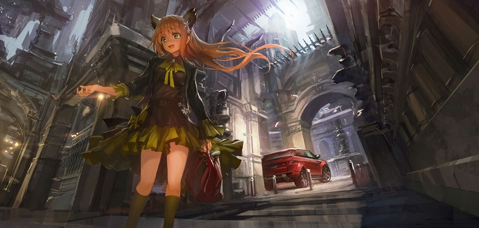 Anime girl with animal ears and a red car