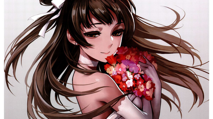 Anime girl with brown hair holding flowers