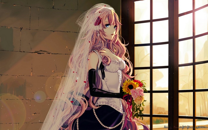 Megurine Luka in a wedding dress holding flowers
