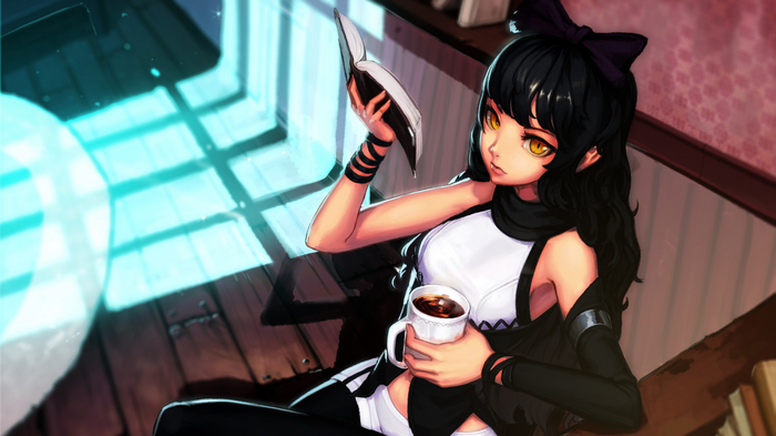 Blake Belladonna reading a book and drinking coffee