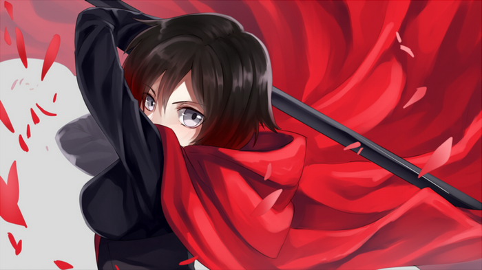 Ruby Rose with a red cloak and sword