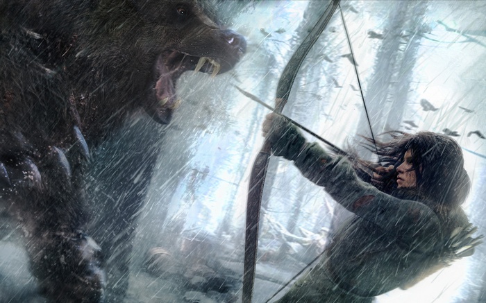 Lara Croft fights a bear in Rise of the Tomb Raider