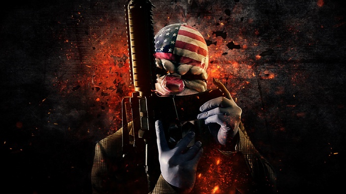 Payday 2 character with American flag mask and gun