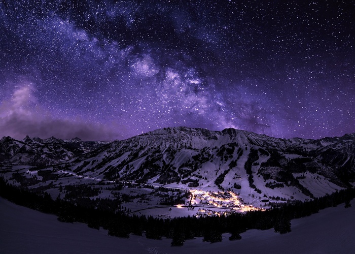 snow, galaxy, town, landscape, nature, stars, mountains, starry night, night, long exposure