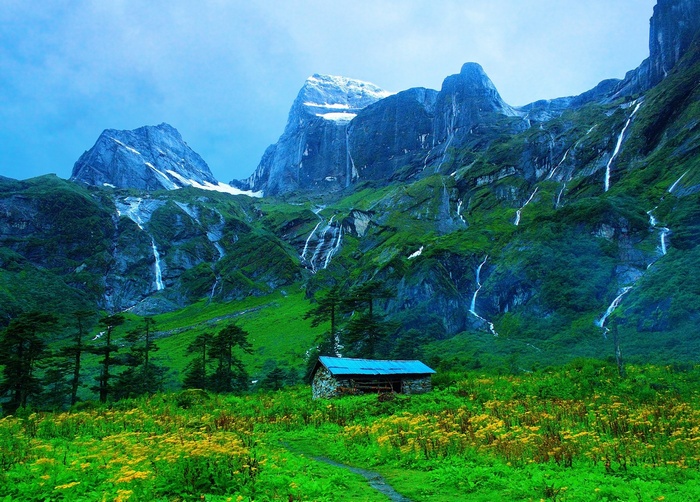 snowy peak, valley, path, landscape, yellow, trees, hut, Nepal, mountains, green, Himalayas, nature, wildflowers, blue, waterfall