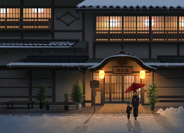 Mother and child in Japanese clothes in the snow