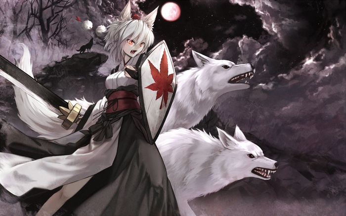 Inubashiri Momiji with wolves under a red moon