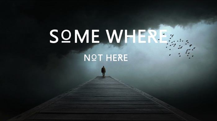 Somewhere Not Here text with a person on a pier