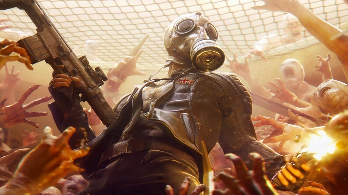 Killing Floor 2: Soldier in gas mask fighting zombies