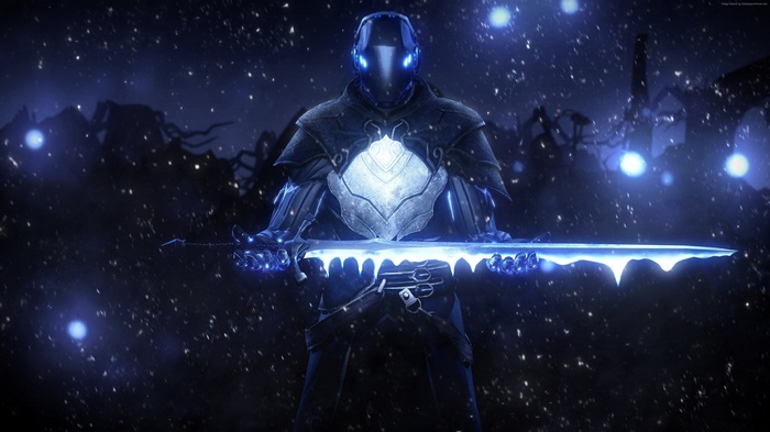 Sci-fi warrior with glowing sword in snowy landscape