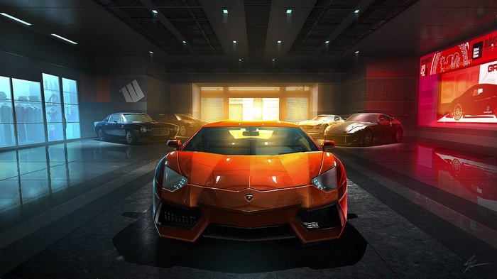 Luxury sports cars in a modern garage