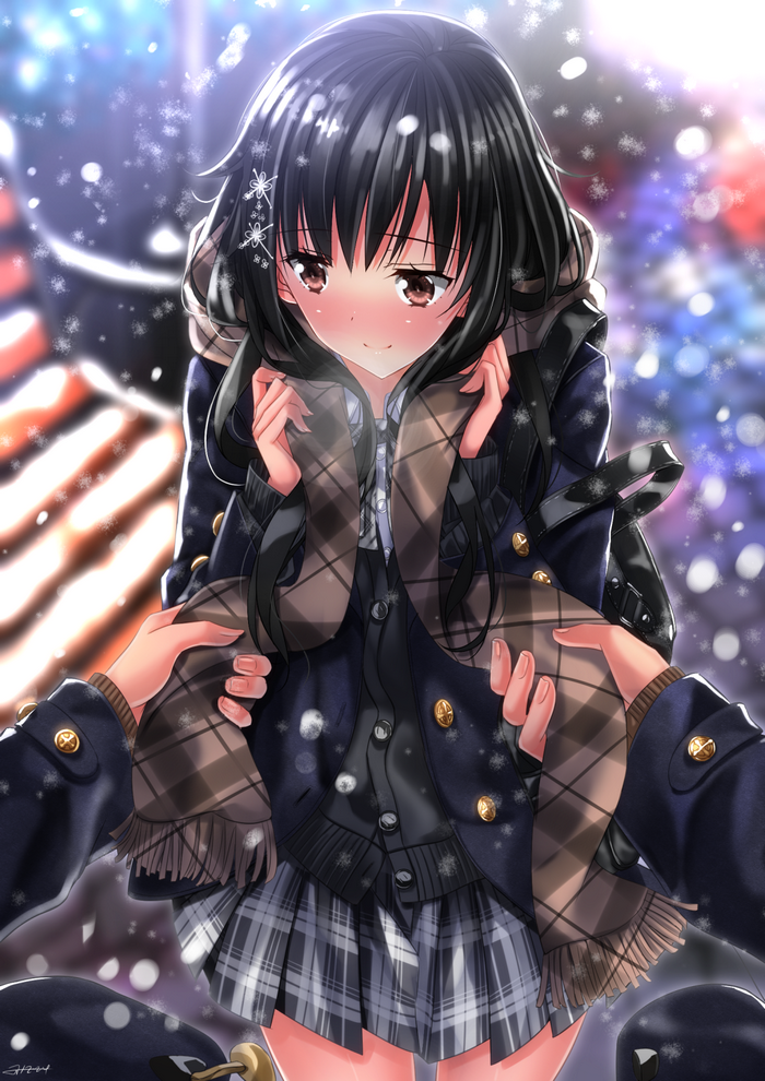 Anime girl in school uniform in the snow