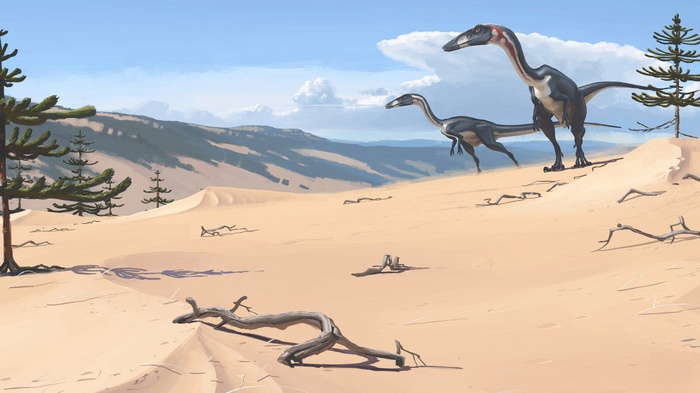 Dinosaurs in a desert landscape by Simon Stålenhag