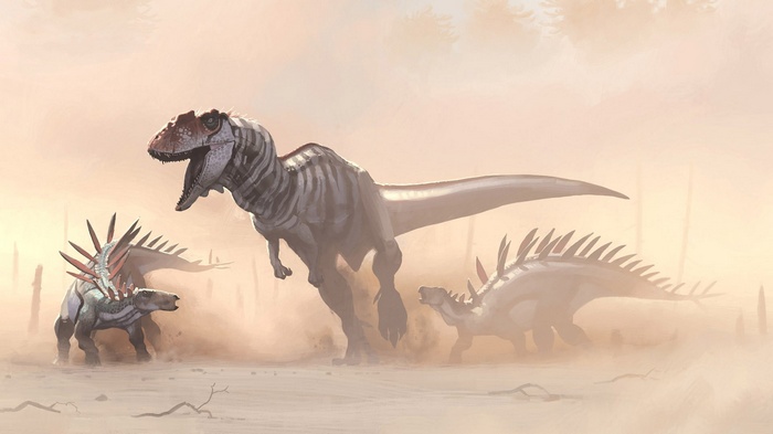 Dinosaurs in a dusty prehistoric landscape