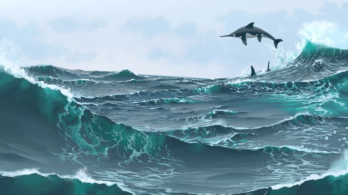 Simon Stålenhag's Dolphins Jumping in Ocean Waves