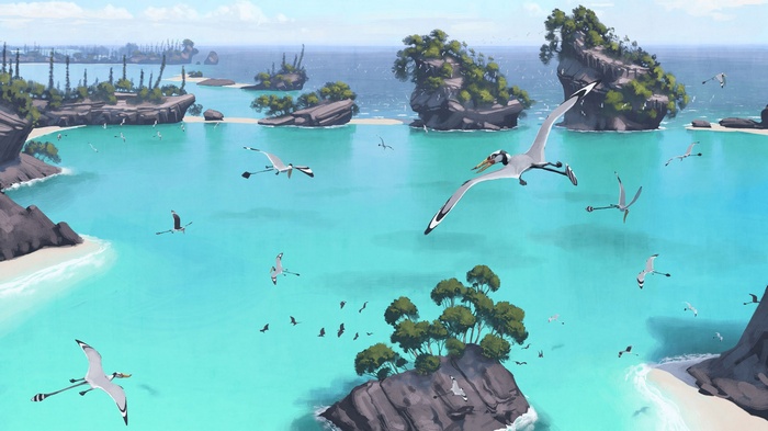 Pterosaurs flying over a prehistoric coastal landscape