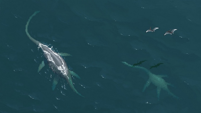 Dinosaurs in the ocean with pterodactyls flying